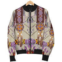 Men's bomber jacket full front with purple geometric beadwork, black collar, ribbed cuffs