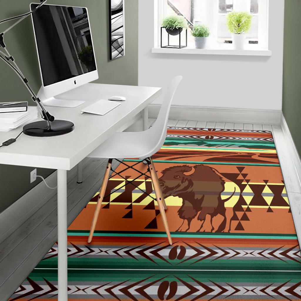 Multicolor bison area rug with tribal geometric bands and zigzag edge pattern.