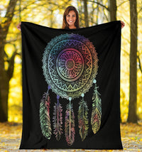 Black dreamcatcher throw, full mandala artwork with detailed multicolor feather tips