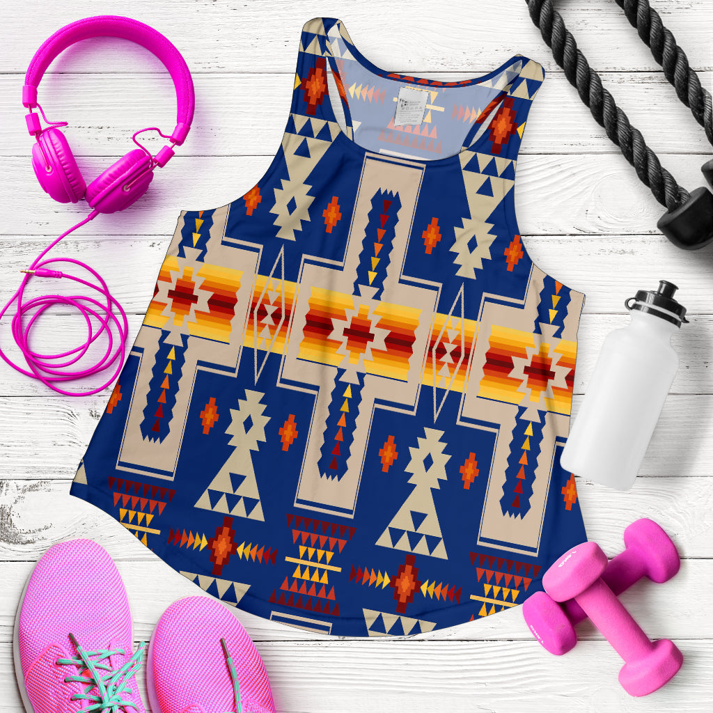 Navy racerback tank laid flat with multicolor geometric tribal design
