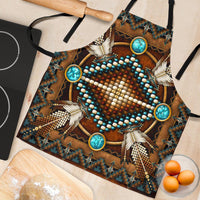 Close-up brown apron showing turquoise oval medallions and beadwork circles with tassel details
