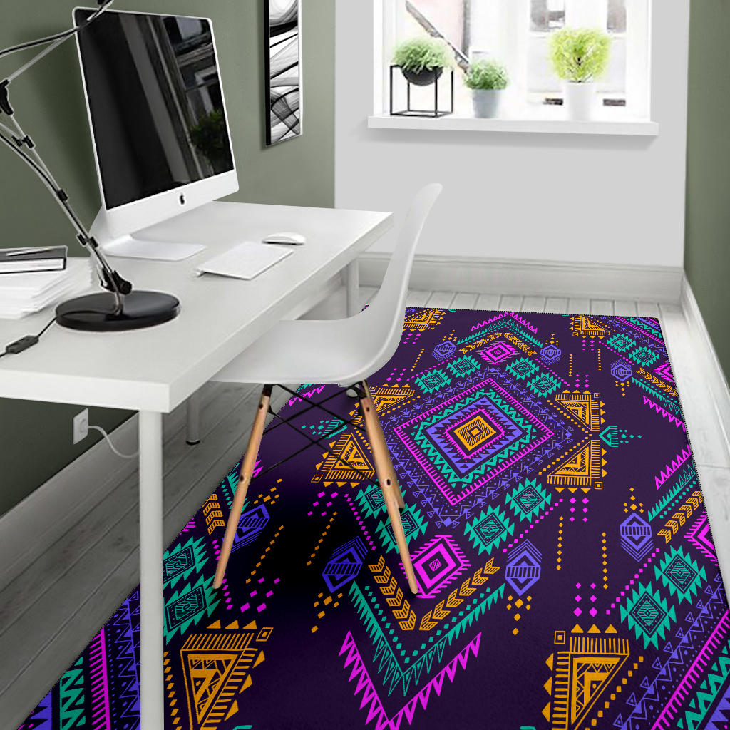 Multicolored tribal area rug on dark purple with geometric square design