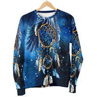 Blue dreamcatcher sweatshirt on wooden hanger, multicolor feather and web graphic