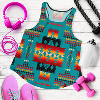 Teal racerback tank top with multicolor geometric Native pattern, flat lay