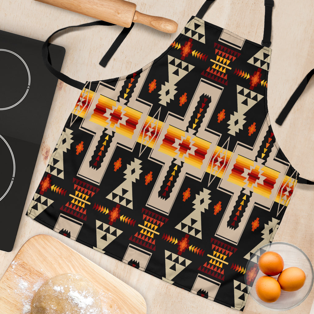 Close-up black apron with multicolor geometric pattern and pocket