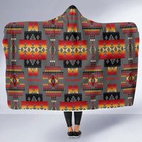 Hooded blanket with multicolor Native American geometric squares and stripes on gray