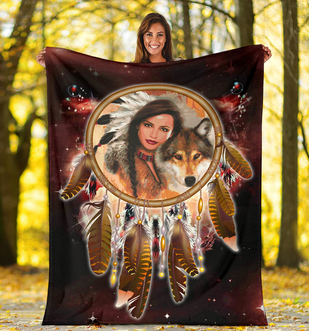 Square maroon dream catcher blanket with Native girl and wolf under a gold hoop
