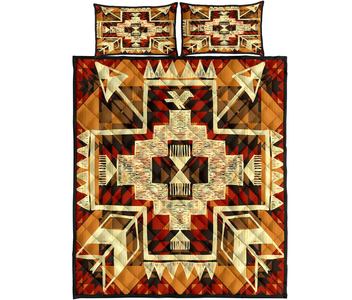 Front view quilt bed set with bold center star and arrow geometry, red black, tan, cream