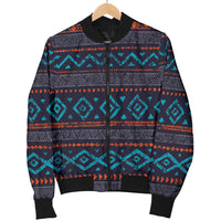 Men’s bomber jacket front view on hanger, dark geometric pattern with teal and orange stripes.