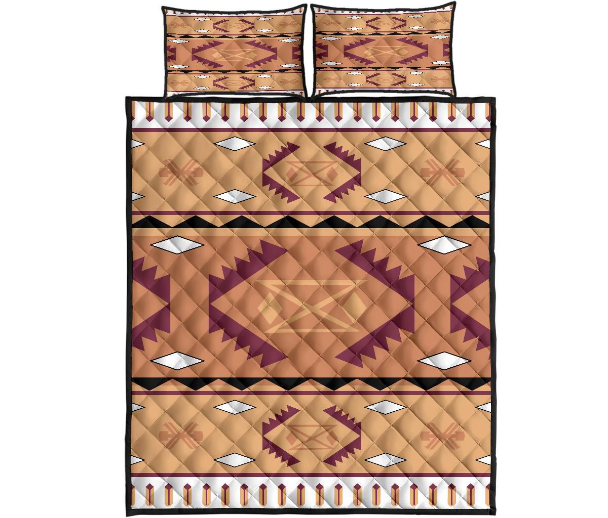 Flat tan & purple geometric quilt set with 2 shams, white diamonds and black border stripe