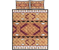 Flat tan & purple geometric quilt set with 2 shams, white diamonds and black border stripe