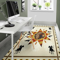Chief and Warriors rug under dining table, cream starburst with feathers and horse silhouettes
