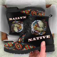 Black Native-style lace-up boots in box: feather graphic, multicolor patterned panels