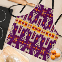Close-up of purple apron fabric with colorful geometric motifs and black strap