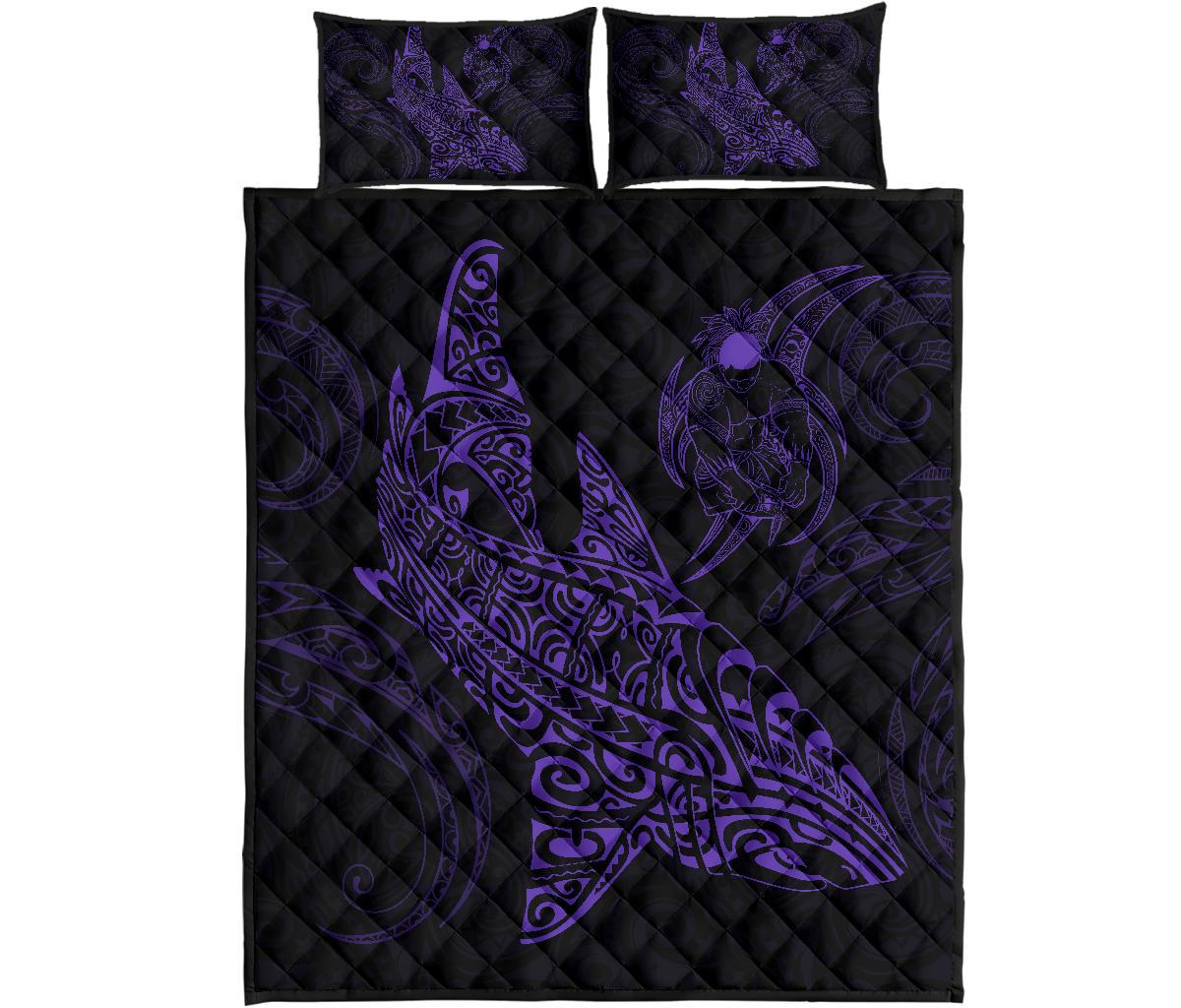 Black quilt bed set with purple Polynesian shark warrior design and 2 pillows