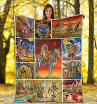 Multicolor patchwork Native American-style blanket held up outdoors, portraits and horse panel