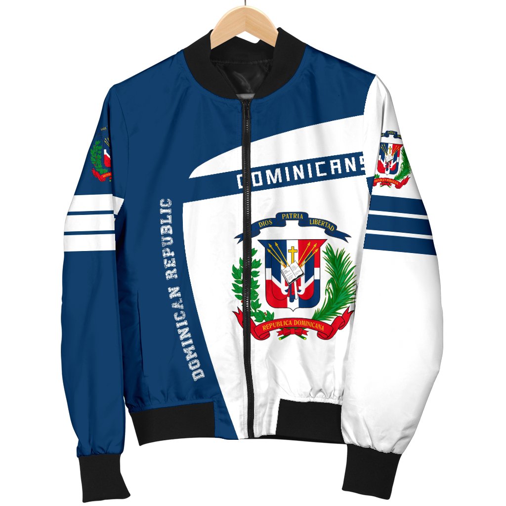White/blue bomber jacket on hanger with Dominican crest emblem and black ribbed cuffs