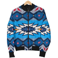 Blue multicolor geometric bomber jacket on hanger, full front zipper, black ribbed collar