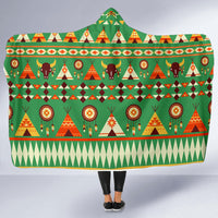 Green hooded blanket with Native bison motif, dreamcatcher circles, and geometric trim borders