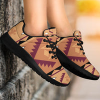Native-style geometric sneakers, tan/purple/pink with black laces and cushioned sole