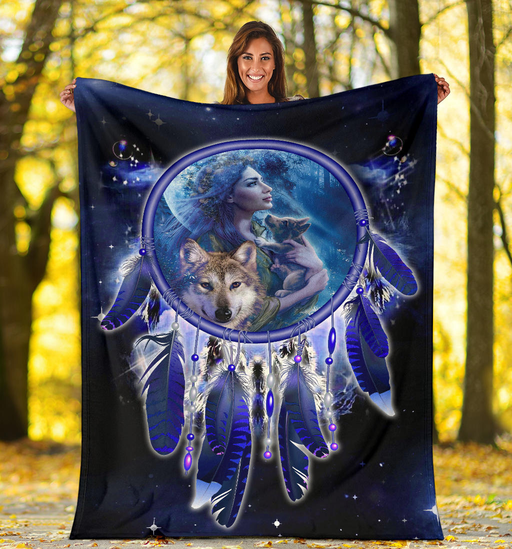 Blue and black dreamcatcher blanket with girl, wolf, and dreamcatcher ring graphic