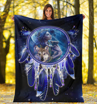 Blue and black dreamcatcher blanket with girl, wolf, and dreamcatcher ring graphic