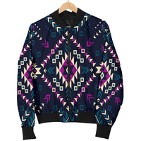 Dark geometric bomber jacket on hanger, black zip-up front, ribbed cuffs and hem