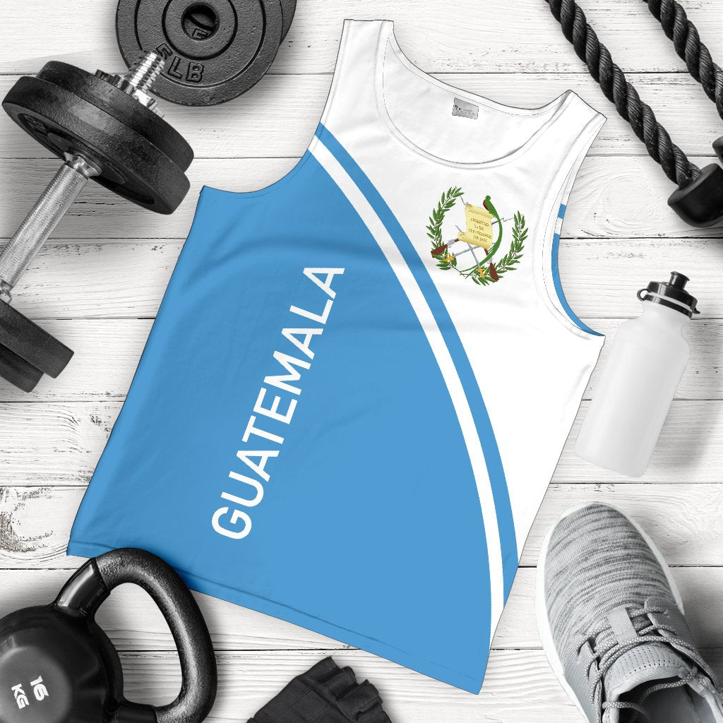 Men's Guatemala tank top, blue graphic panel with laurel crest on white back