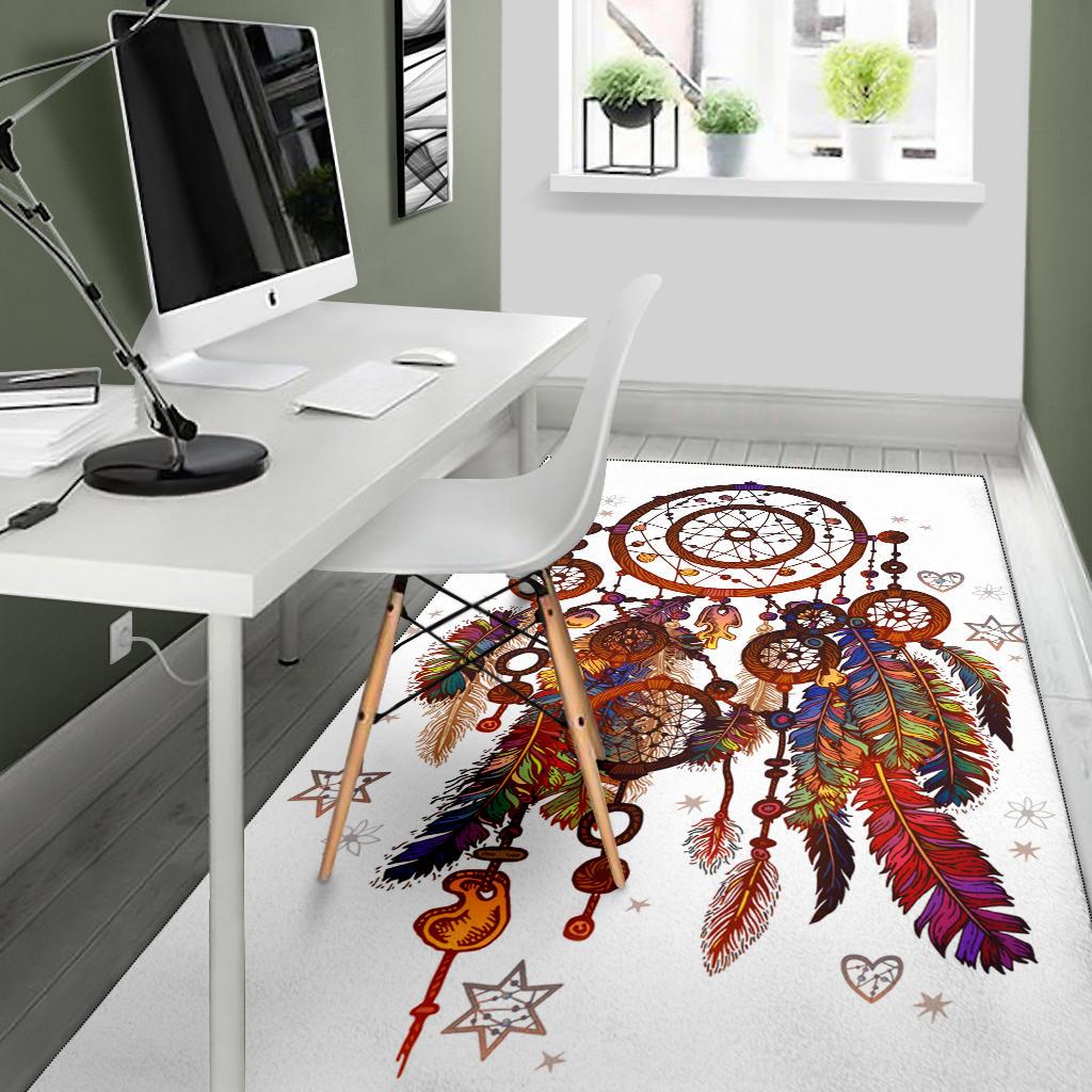 Dreamcatcher area rug with multicolor feathers and hanging charms on white, stitched edge