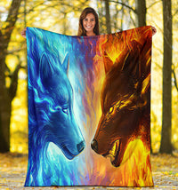 Ice Fire Wolf blanket outdoor use, blue and orange wolf faces across the fabric