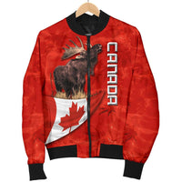 Red bomber jacket on hanger with moose and Canada flag print, black ribbed cuffs.