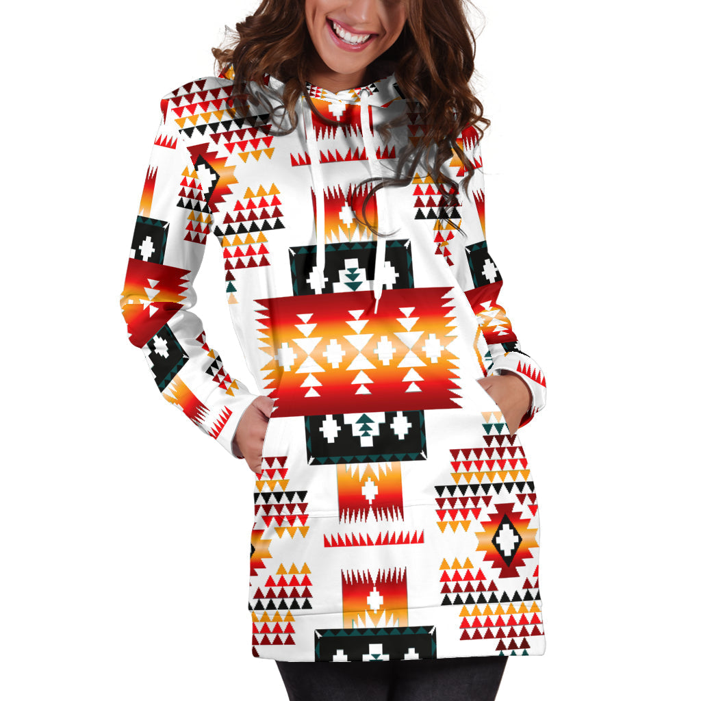 Front view hoodie dress with bold multicolor geometric pattern and large kangaroo pocket