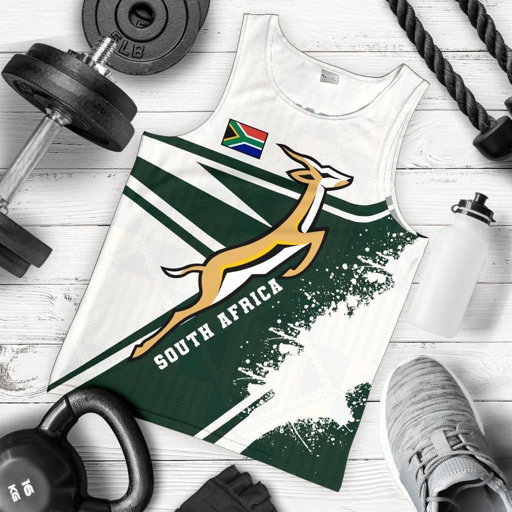 Men's Springboks tank top, white/green diagonal stripes with South Africa graphic
