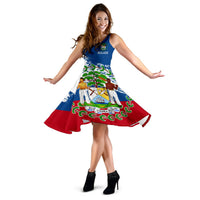Belize Special Dress twirl: sleeveless blue skirt flare with crest print and red hem