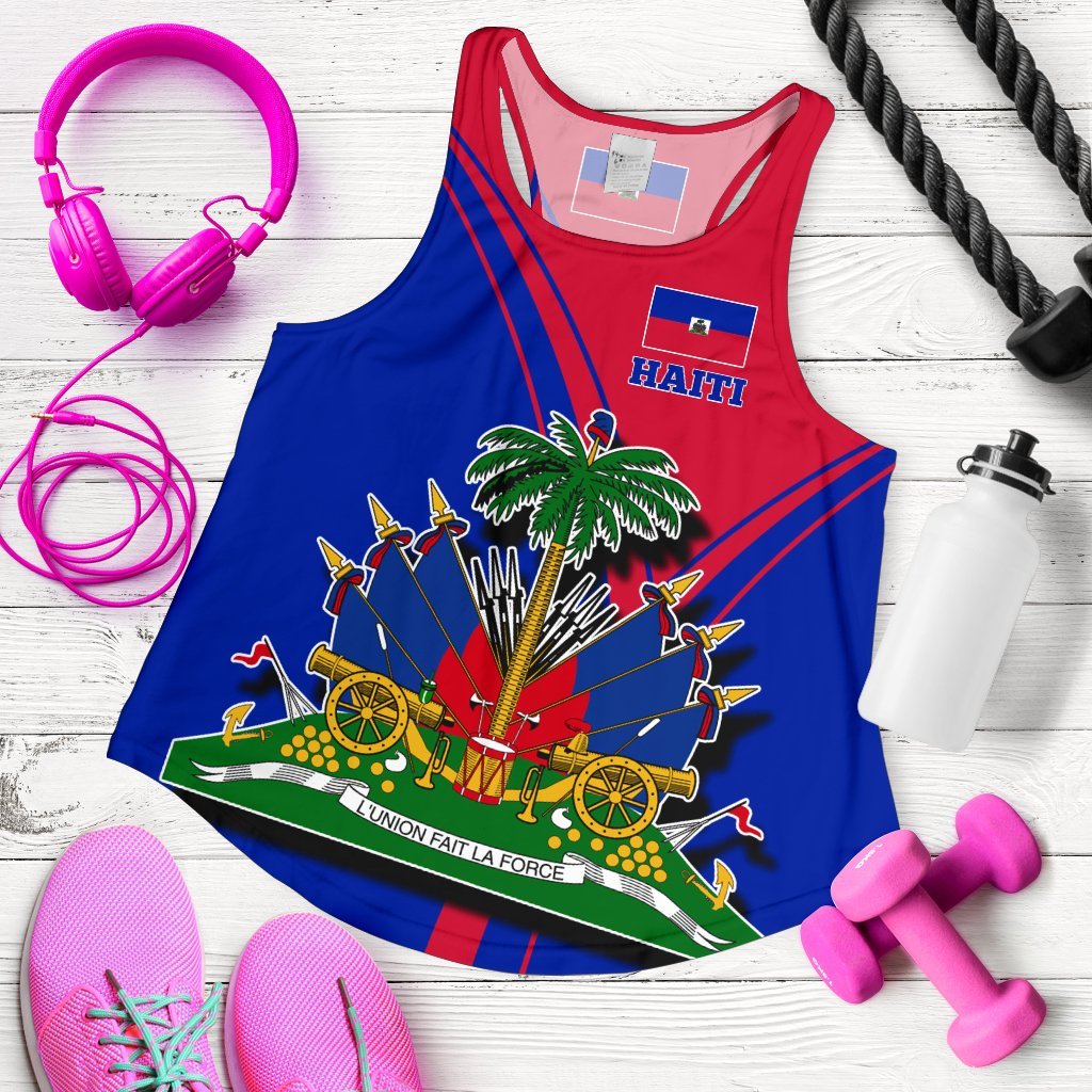 Haiti racerback tank with red trim and blue-red graphic front, palm tree and “Haiti”