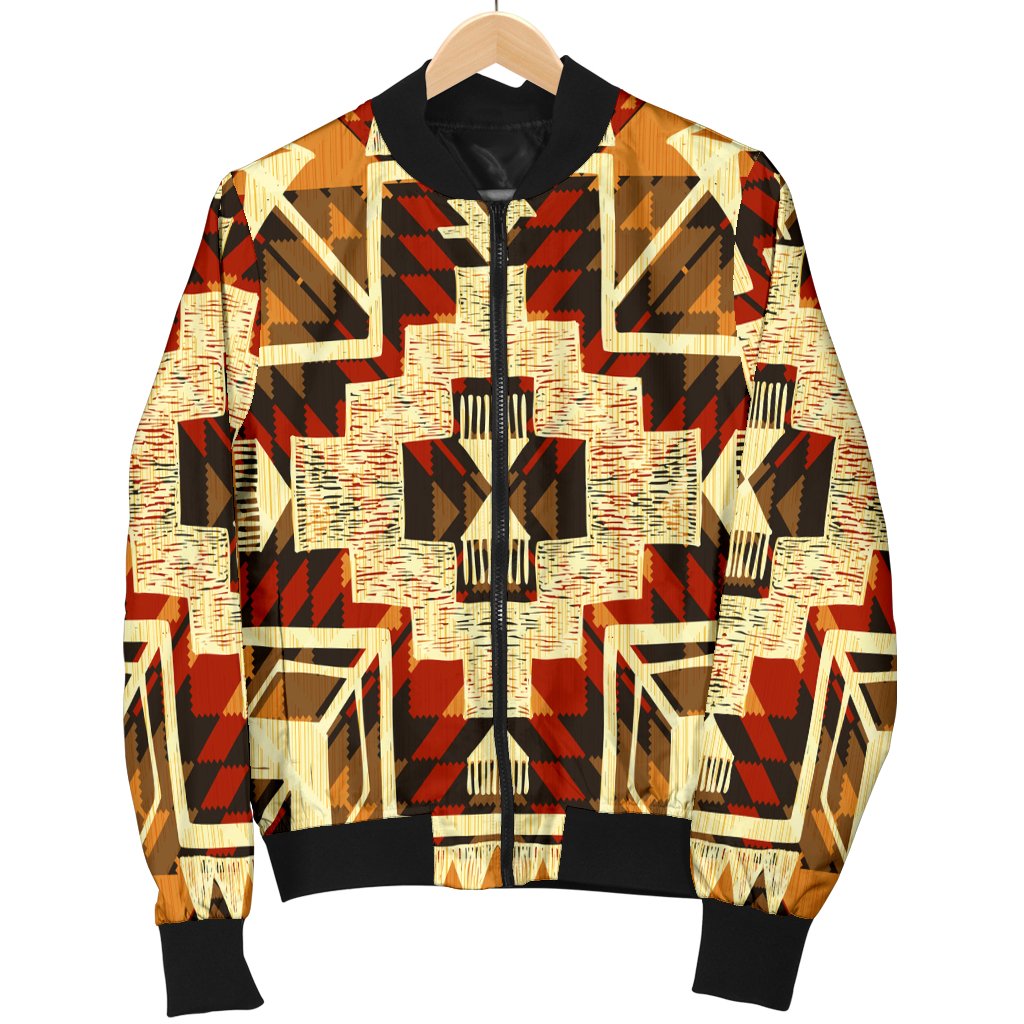 Tribal bomber jacket on hanger, yellow red black and cream geometric arrow design, zip front