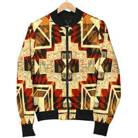 Tribal bomber jacket on hanger, yellow red black and cream geometric arrow design, zip front