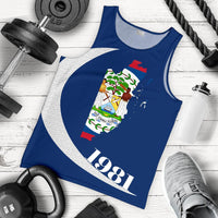 Blue Belize tank top with U-neck and crest '1981' graphic, flat lay