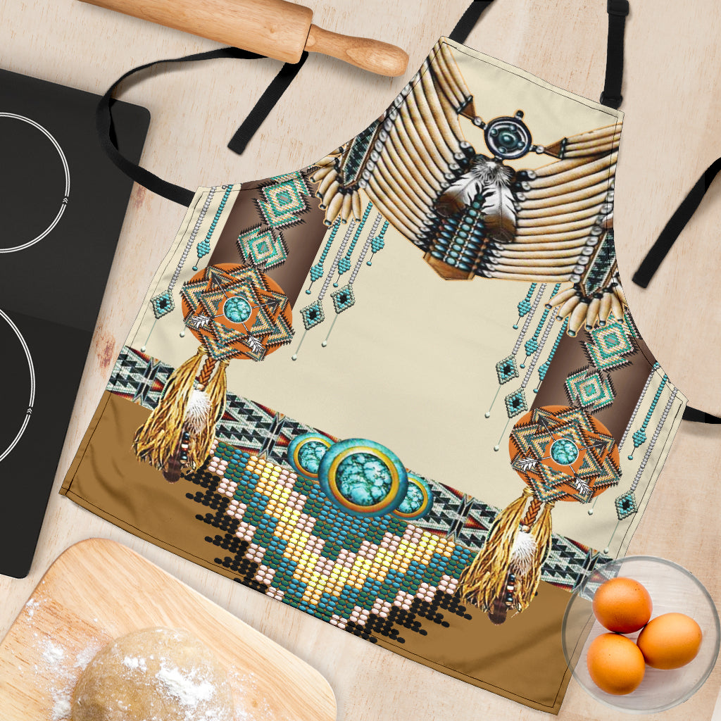 Cream apron close-up: bird breastplate print, turquoise beads, diamond patterns, tassels