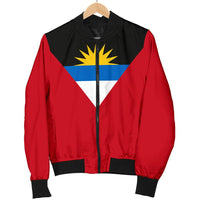 Bomber jacket hanging on hanger, Antigua flag center design, black collar and yoke