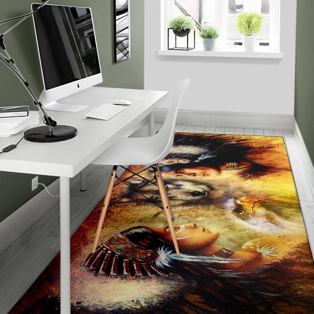 Wolf and Native portrait area rug with warm sunset colors and dark black fur