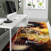 Wolf and Native portrait area rug with warm sunset colors and dark black fur