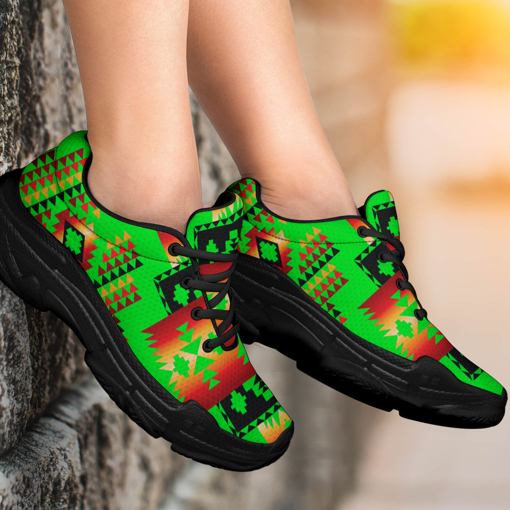 On-foot green native-print chunky sneakers with black laces and thick sole