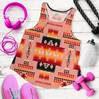 Flat-lay racerback tank with tan tribal geometric print in red, orange, and yellow