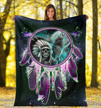 Skull dreamcatcher blanket, central skull face with teal smoke, purple hoop and dangling beads