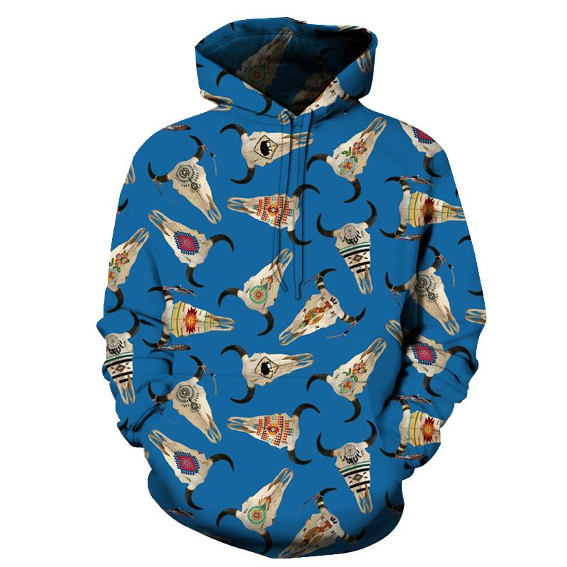 Bison Native American all-over pullover hoodie, blue with horned animal graphic