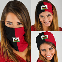 Haiti flag bandana worn as face covering, black-red stripes with crest patch