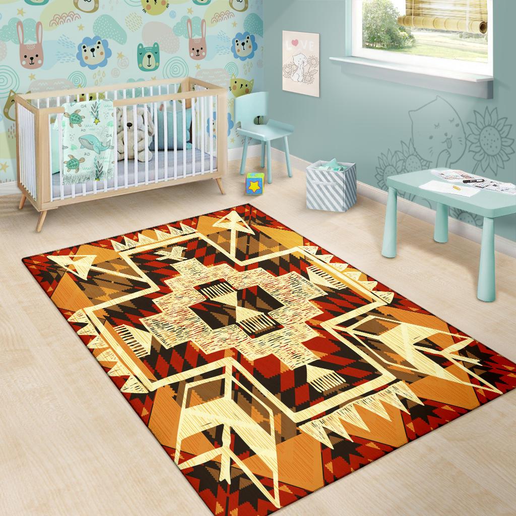 Tribal arrow rug for nursery or play area; orange field with cream starburst medallion