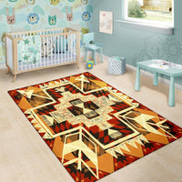 Tribal arrow rug for nursery or play area; orange field with cream starburst medallion