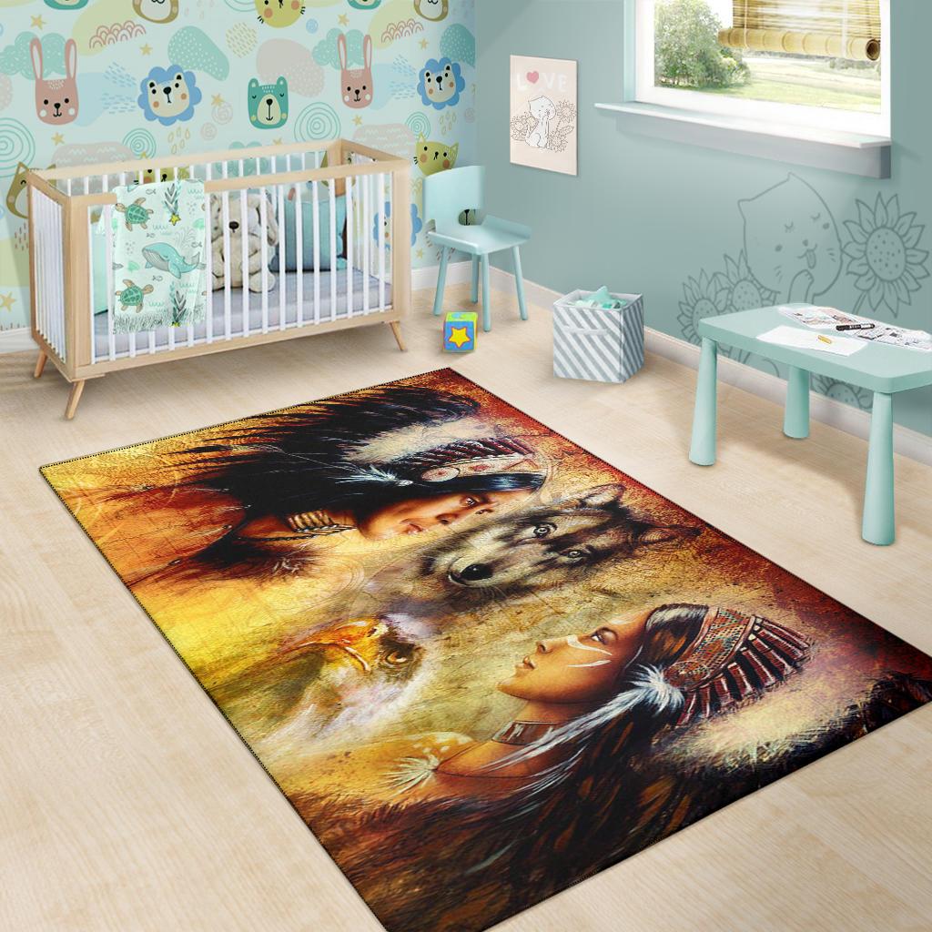Multicolor Native-style wolf and woman portrait area rug, rectangular.